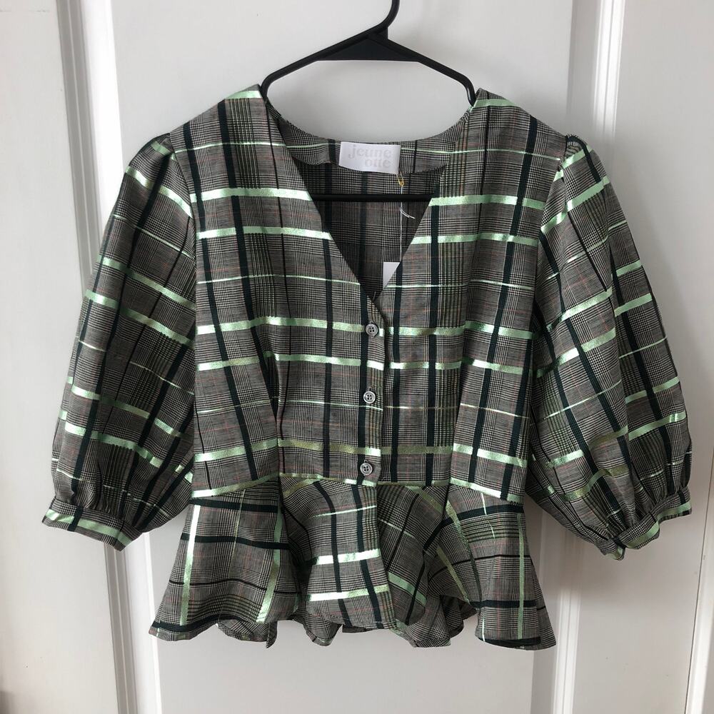 Jeune Otte Christine Blouse Size S PUFF SLEEVE PEPLUM BLOUSE IN WOOL PLAID $275